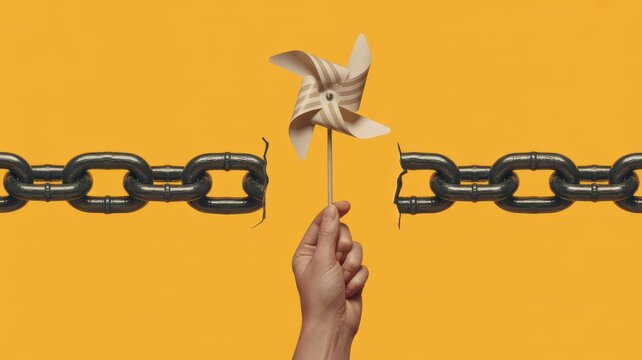 A hand holds a broken pinwheel toy next to severed metal chain links on yellow