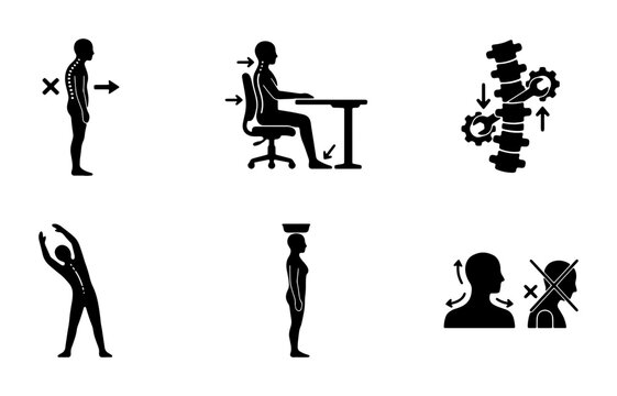 Human Posture Correction Icons, Ergonomic Sitting and Standing, Spinal Health and Body Alignment Vector Set