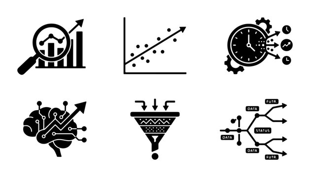 Data Analysis Icons Set, Business Growth Charts, Brain AI Insights, Scatter Plot Graph, Time Management Gears, Data Filtering Funnel, Network Flowchart Vector Graphics