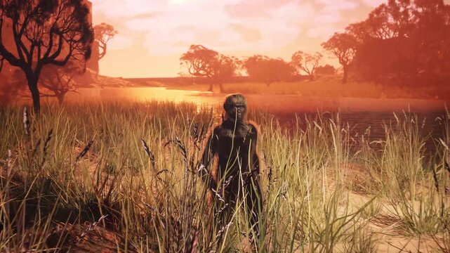 Front View of Australopithecus Walking Forward, Early Human Ancestor Head-On Tracking Shot in Prehistoric Forest Landscape, 3D Render Animation