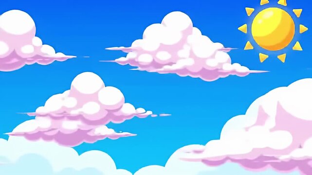 Cartoonish sky scene with white and pink clouds and a partially visible sun