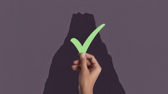 A hand holds a green checkmark in front of a dark mountain.