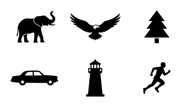 Set of 6 Black Silhouette Icons: Elephant, Eagle, Tree, Car, Lighthouse, Runner. Simple Vector Graphics for Diverse Concepts.