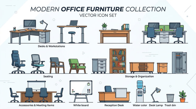 Modern Office Furniture Collection Vector Icons Set.