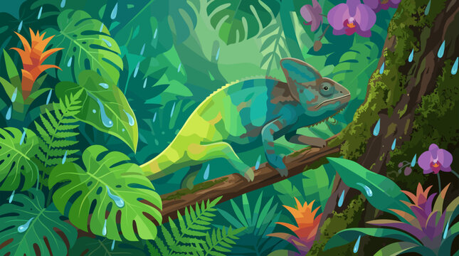 Chameleon camouflaged in a lush, vibrant jungle during a tropical rain shower, showcasing its amazing color-changing abilities and connection with nature's vibrant biodiversity