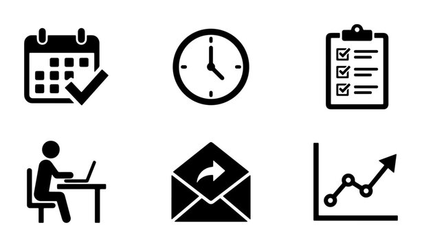 Business Icons Set: Calendar, Clock, Checklist, Person Working, Email, Growth Chart, Vector Graphics for Planning, Time Management, Productivity, and Analytics
