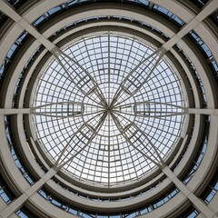 Naklejka premium Geometric glass dome ceiling with radiating white metal beams against clear blue sky.