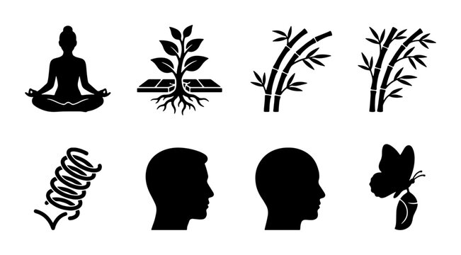 Mindfulness Yoga, Growth Plant, Bamboo Branches, Spring Coil, Human Heads, Butterfly Metamorphosis Icons Set: Wellness, Nature, Development, Transformation
