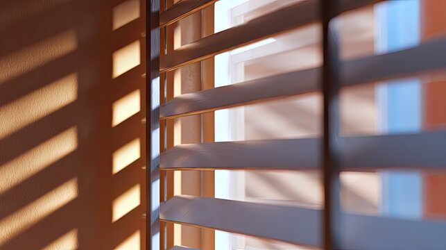 Sunlight streaming through horizontal window blinds casts long, parallel shadows on a textured indoor wall, creating a serene and patterned light effect inside a modern room