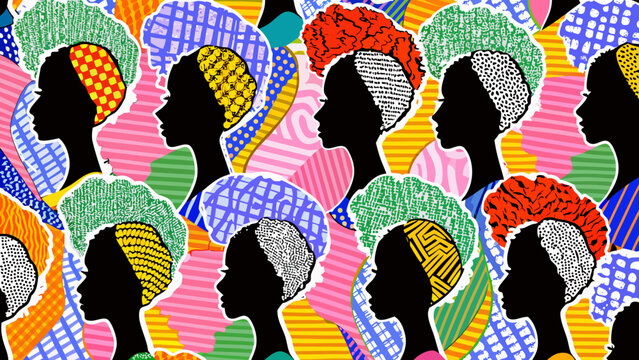 colorful pattern of female profile silhouettes with varied headscarves and hairstyles