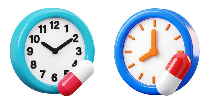 Two medication clocks with capsule pills, 3D medicine reminder icon set, dosage timing and pharmacy schedule concept