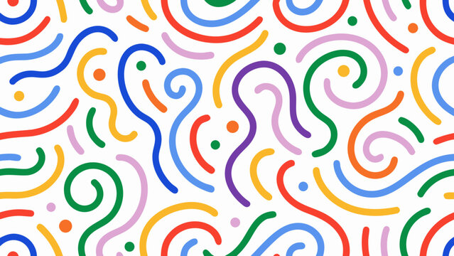 colorful abstract squiggle pattern with dots on a white background