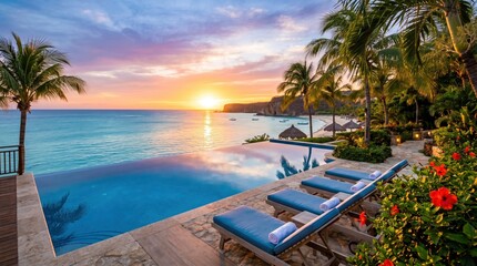 Obraz premium Luxury infinity pool overlooking a tropical beach at sunset with palm trees and lounge chairs