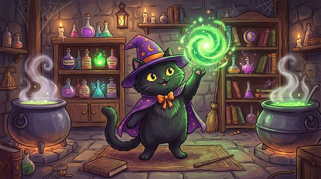 Cute black cat wizard casting green magic spell in a magical potion workshop