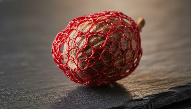 Raw nutmeg wrapped in vibrant crimson red mace aril lace macro