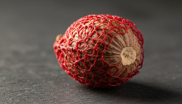 Raw nutmeg wrapped in vibrant crimson red mace aril lace macro