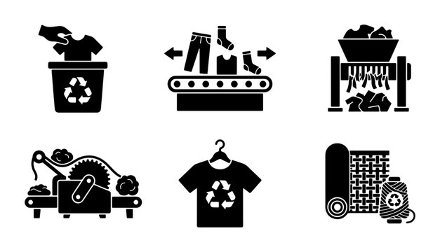 Textile Recycling Process Icons, Fabric Waste Management Symbols, Sustainable Fashion Production Icons, Clothing Reuse and Upcycling Vector Set