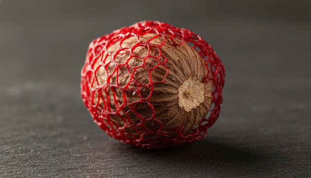 Raw nutmeg wrapped in vibrant crimson red mace aril lace macro