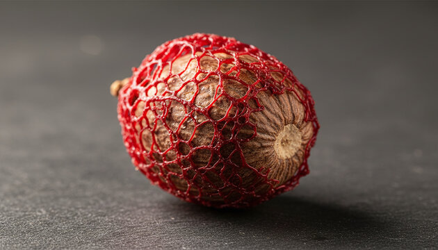 Raw nutmeg wrapped in vibrant crimson red mace aril lace macro