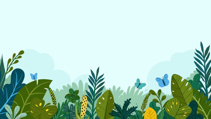 lush meadow illustration with tropical leaves and butterflies on a light blue background © Prosit