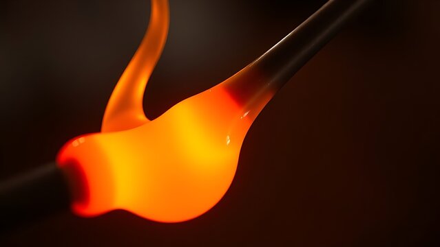 blowpipe. Close-up of a blowpipe tip shaping molten orange glass. safety posters, maintenance manuals, designed for industrial assembly lines and welding operations, used by engineers.