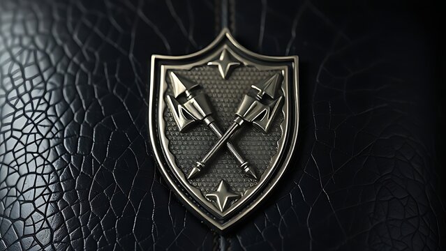 polearms. Heraldic shield emblem with crossed polearms on leather background. event programs, museum guides, designed for cultural heritage projects and event programs, elevates cultural identity.
