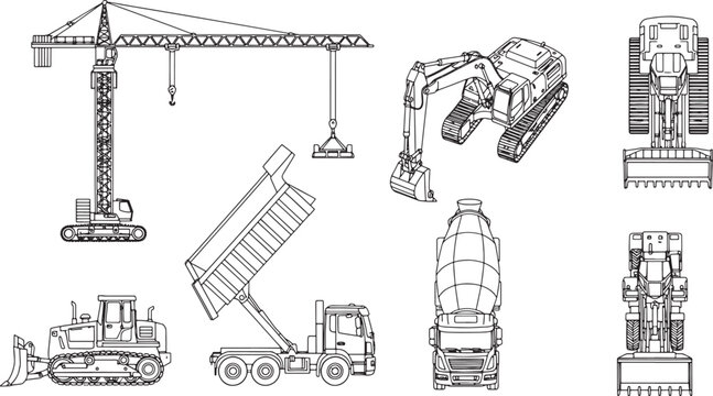 Construction machinery set with crane excavator dump truck and concrete mixer in black and white line art vector
