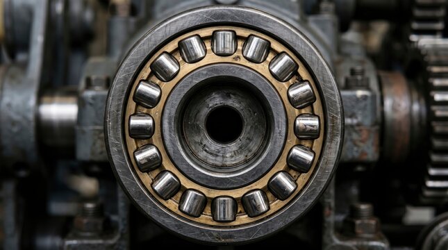 Closeup of a heavyduty industrial cylindrical roller bearing assembly on a mechanical machine