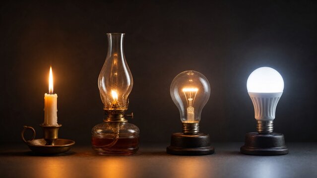 chronological. Evolution of light sources from candle flame to modern illumination in chronological sequence. symbolizing life milestones and joyful moments.
