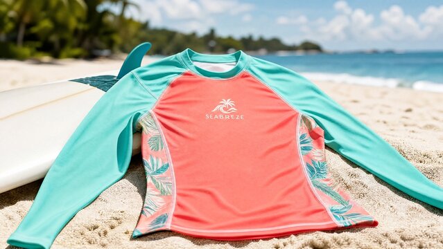 rashguard. A vibrant colored rashguard laid flat on a sandy beach with a surfboard. event key visuals, club posters, designed for fitness apps and gym onboarding, used by fitness trainers.