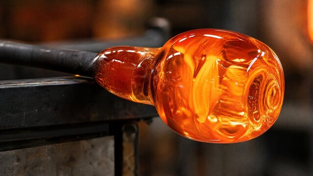 blowpipe. Close-up of a blowpipe tip shaping molten orange glass. safety posters, maintenance manuals, designed for industrial assembly lines and welding operations, used by engineers.