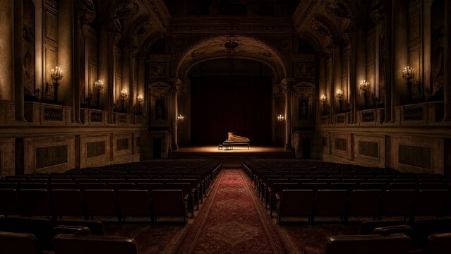 harpsichord. Empty historic concert hall with a single harpsichord on stage under spotlight. event programs, museum guides, designed for cultural heritage projects and event programs.