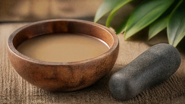 kava. Rustic wooden bowl filled with earthy kava beverage and a stone pestle beside it. bar promotions, beverage menus, designed for product packaging and bar promotions, inspires menu design.