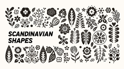 black floral illustration with scandinavian inspired shapes and decorative botanical elements © Prosit
