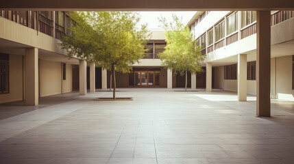 Fototapeta premium Spacious urban courtyard featuring contemporary building architecture, clean lines, and shade, creating a peaceful public space with natural light and minimalist design elements