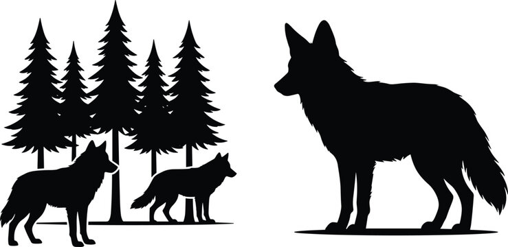 Wolf Silhouette Set with Forest, Trees, and Lone Wolf for Wildlife, Nature, and Forest Landscape Themes