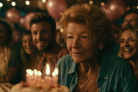 Joyful elderly woman celebrating birthday with family and friends, surrounded by balloons and cake.