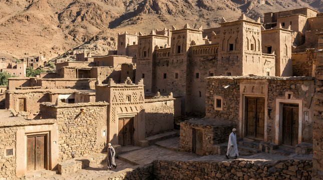 Ancient kasbah village in desert mountains. Generated with AI image