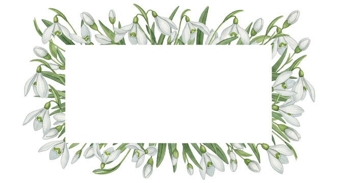 Rectangular Frame of Delicate Snowdrops in Bloom.