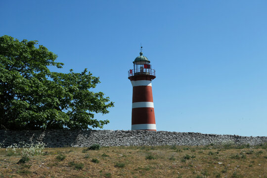 Lighthouse at Narsholmen nature reserve on eastern Gotland, Sweden.