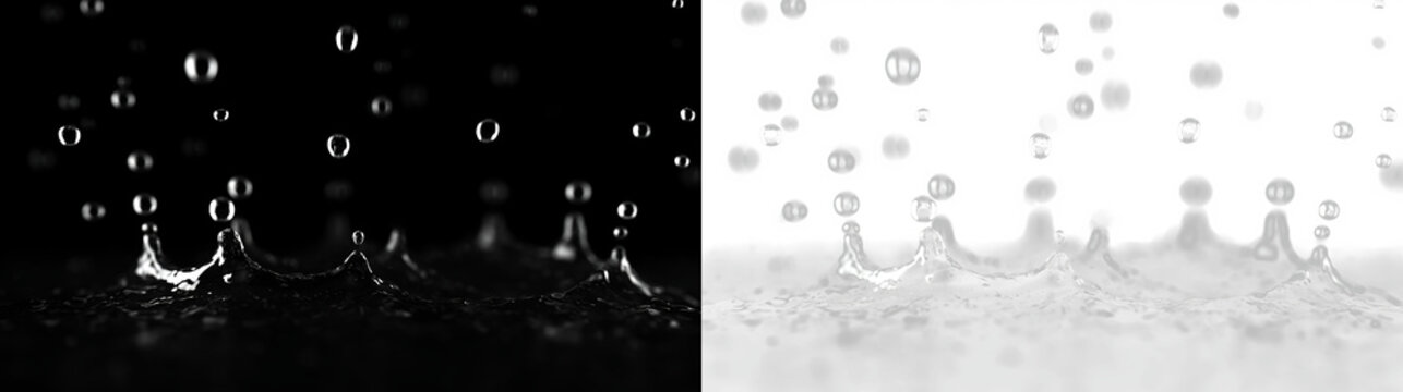 Water droplets fall and create ripples on the surface with isolated on transparent and black background displaying different color contrasts, light overlay, PNG