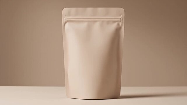 A standing beige pouch on a table against a beige background