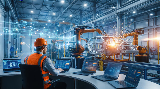Wide-angle visualization of an engineer at a workstation with multiple laptops monitoring orange robotic arms welding a car chassis in a high-tech automated factory with blue data overlays