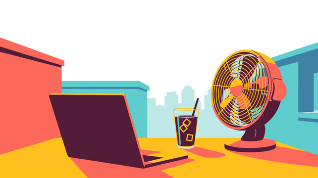 Summer office, laptop, fan, and drink, urban workspace, heatwave productivity, colorful illustration