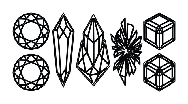 Geometric crystal line art icons, minimalist diamond and gemstone vector set, black linear mineral shapes for branding and tattoo design