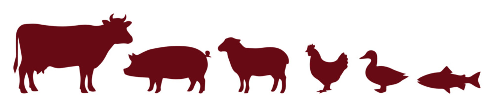 Farm animal silhouettes in dark red, livestock and poultry icons for butchery and meat market branding, set of 6 vector animal shapes