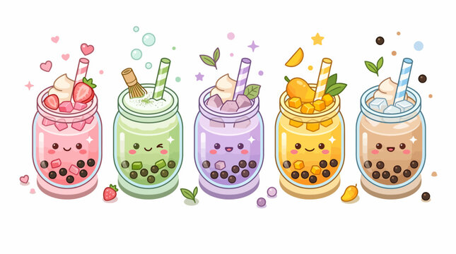 Kawaii Boba Milk Tea Character Set with Cute Smiley Faces and Fruit Toppings