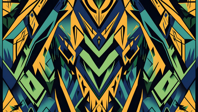Abstract graffiti background with sharp geometric shapes. Urban street art pattern in teal, yellow, and navy. Modern aggressive graphic design.