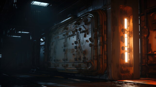 Dark and grimy sci fi industrial corridor featuring a heavy metal bulkhead door, glowing orange lights, and overhead piping, creating a sense of mystery and abandonment