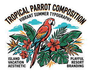 Tropical parrot composition. Beach club. Endless summer artwork. Tropical vintage design for t shirt print © panji
